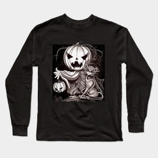 Pumpkin face scary with cat in dark forest and full moon, cute Halloween in dark atmosphere Long Sleeve T-Shirt